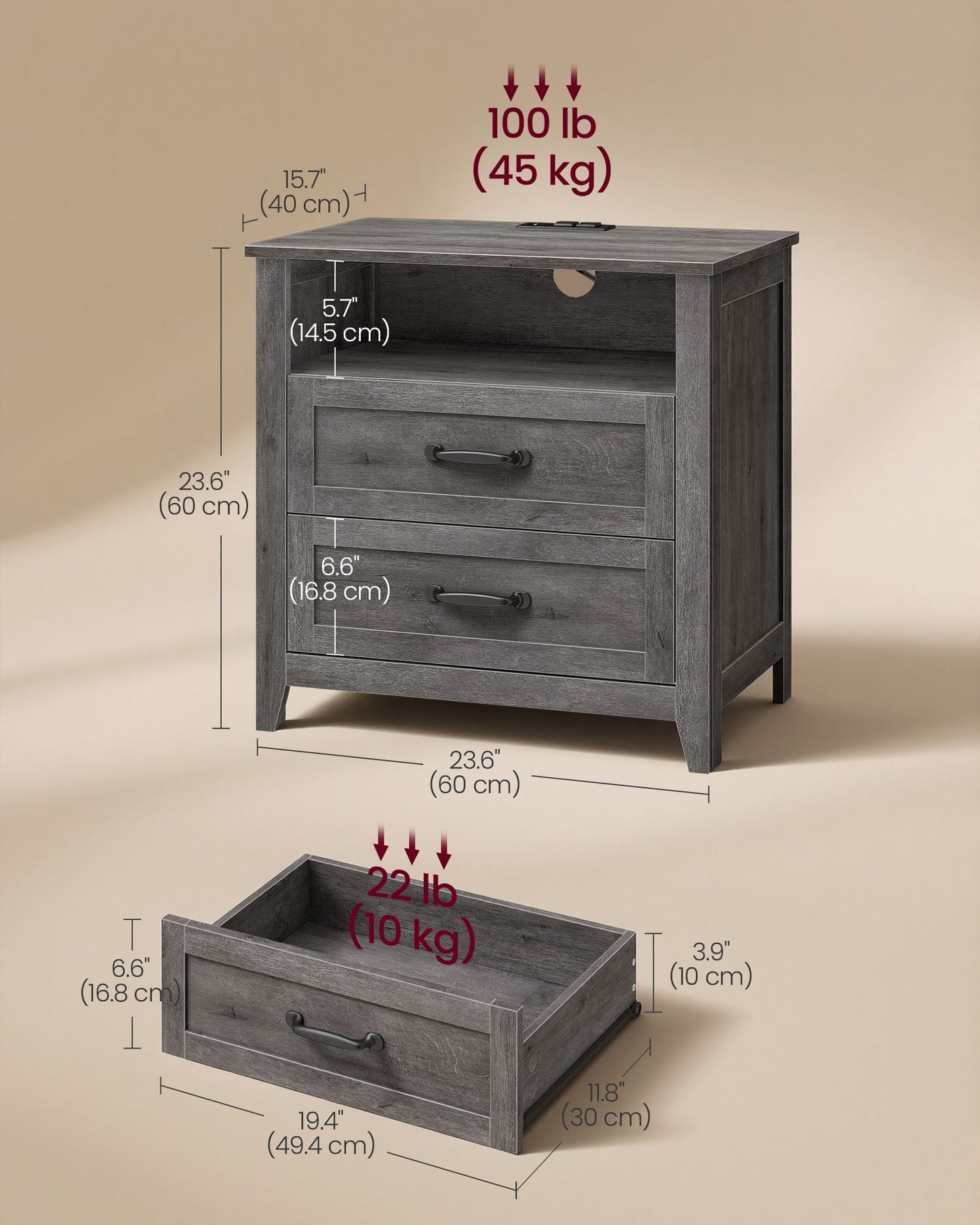 VASAGLE Farmhouse Nightstand with Charging Station, 2 Drawers, Open Shelf Bedside Table – Misty Gray
