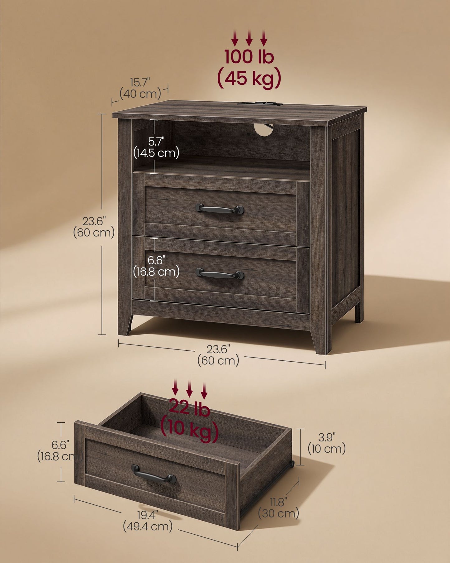 VASAGLE Farmhouse Nightstand with Charging Station, 2 Drawers, Open Shelf Bedside Table – Taupe Brown