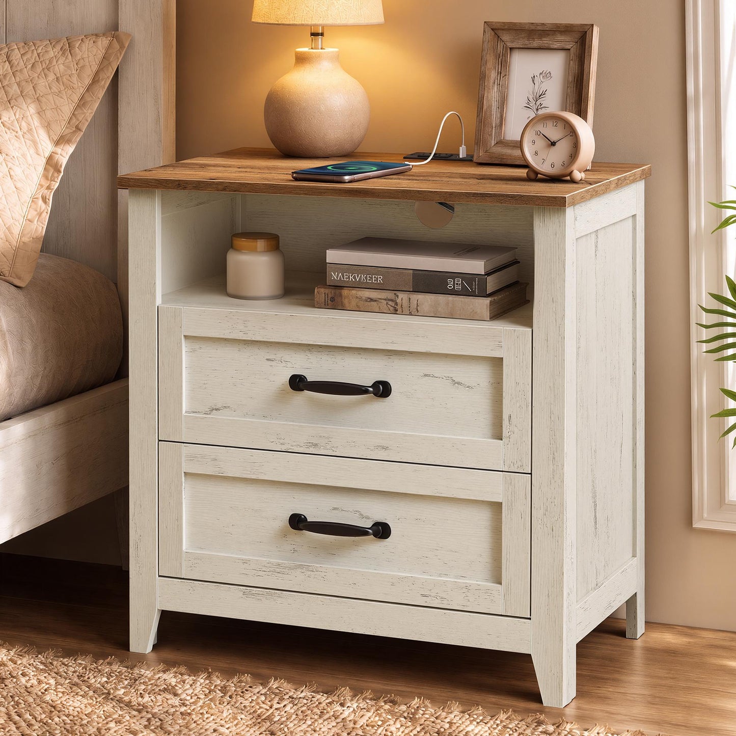 VASAGLE Farmhouse Nightstand with Charging Station, 2 Drawers, Open Shelf Bedside Table – Rustic White and Honey Brown
