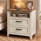 VASAGLE Farmhouse Nightstand with Charging Station, 2 Drawers, Open Shelf Bedside Table – Rustic White and Honey Brown