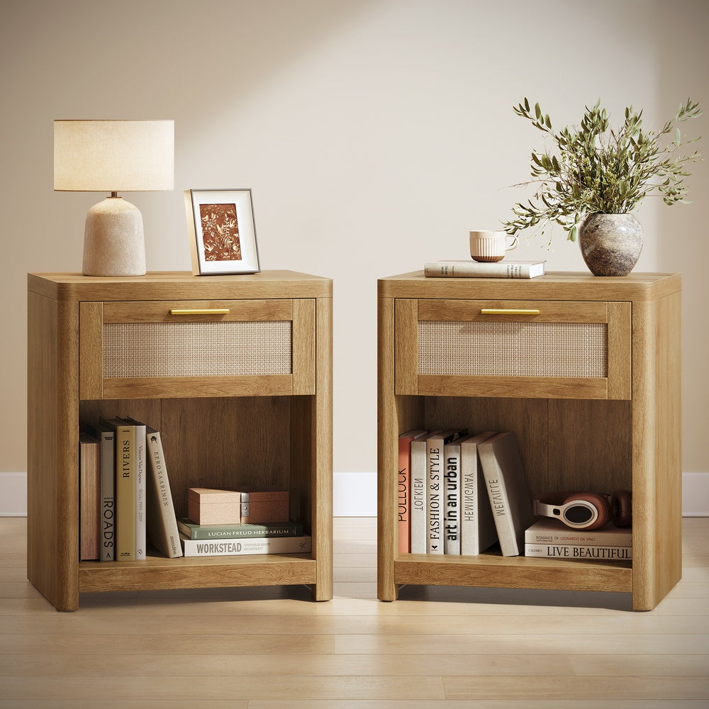 VASAGLE Ellan Boho Nightstand with Drawer and Open Shelf – Natural Brown