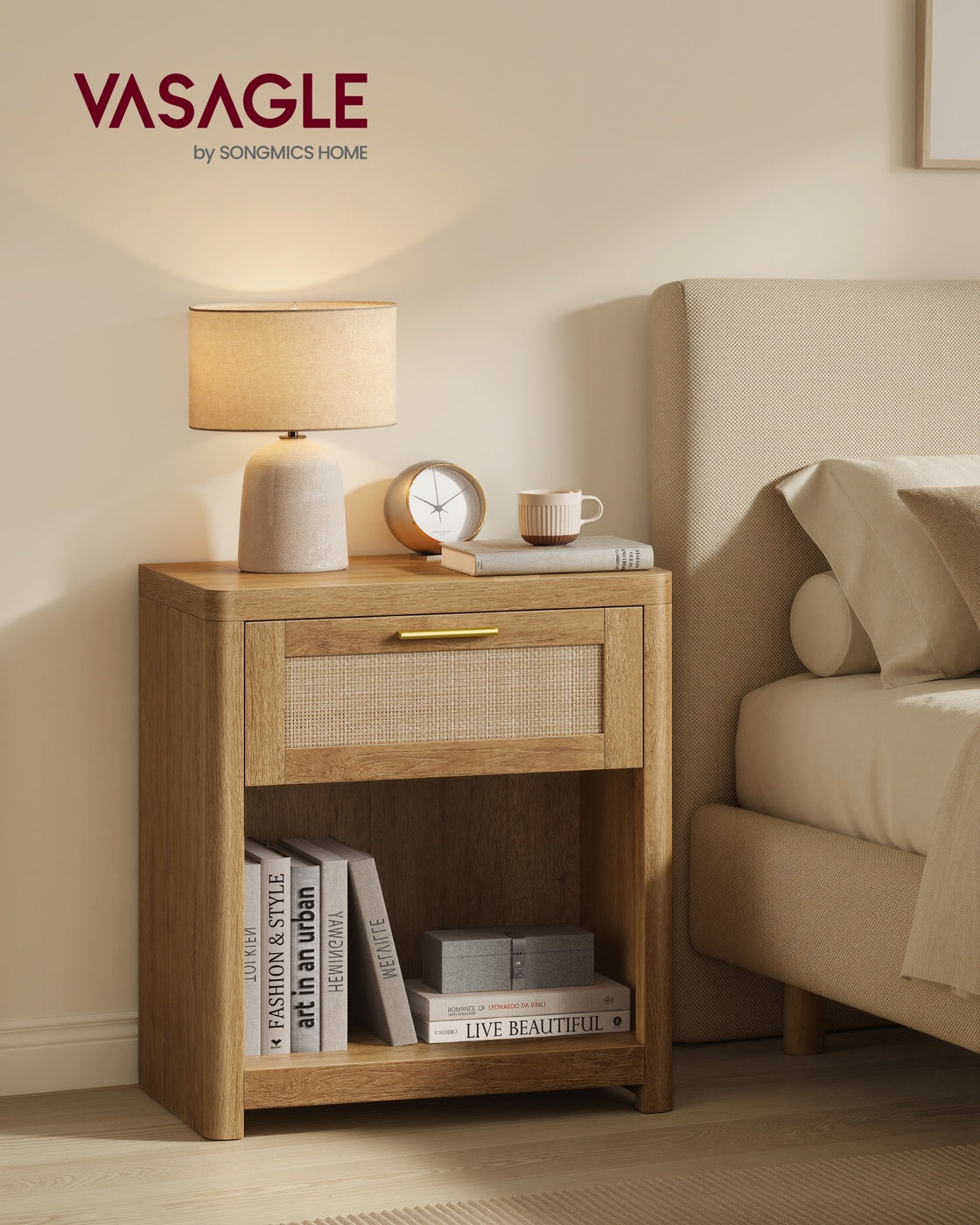 VASAGLE Ellan Boho Nightstand with Drawer and Open Shelf – Natural Brown
