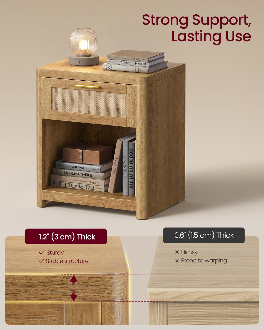 VASAGLE Ellan Boho Nightstand with Drawer and Open Shelf – Natural Brown