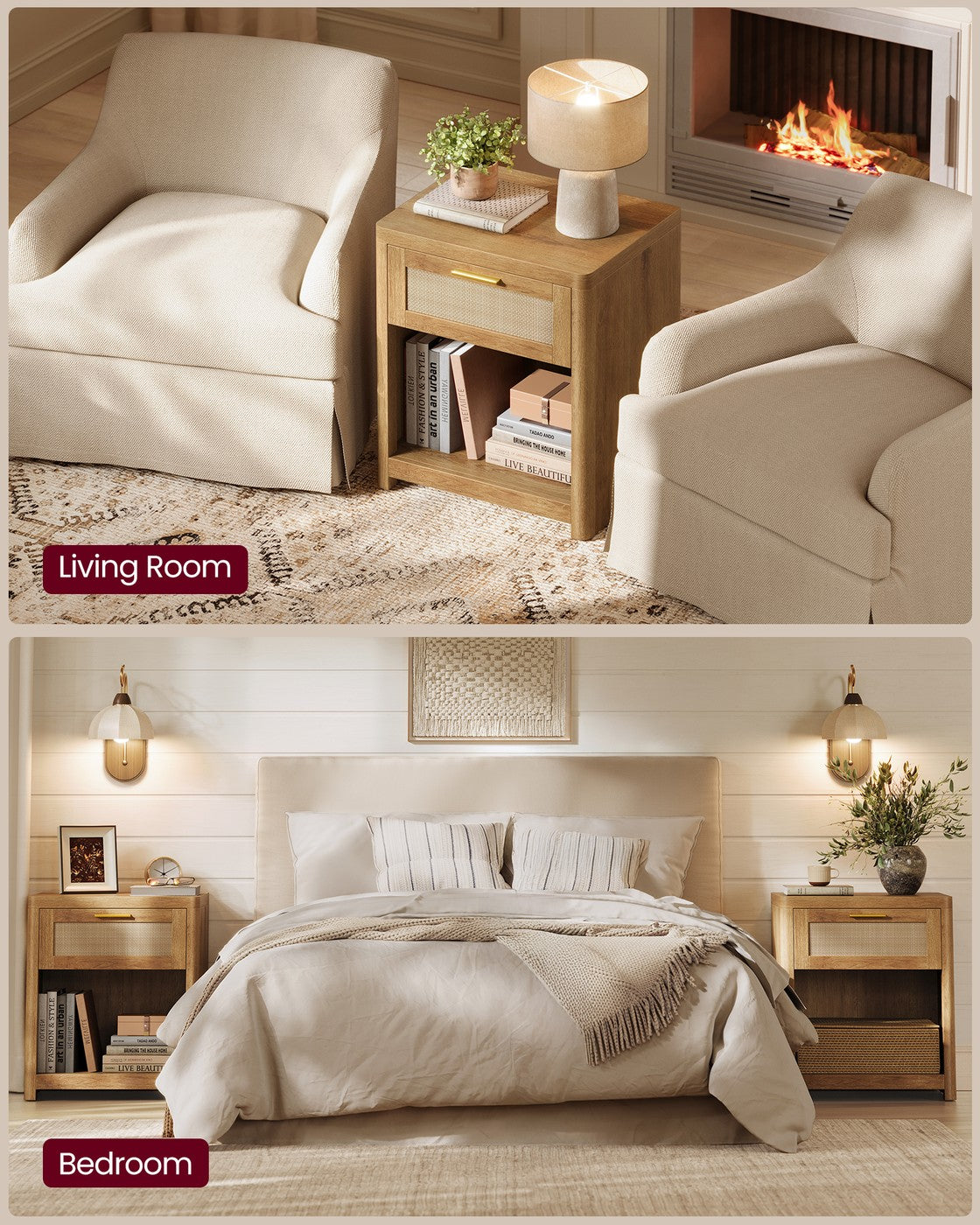 VASAGLE Ellan Boho Nightstand with Drawer and Open Shelf – Natural Brown