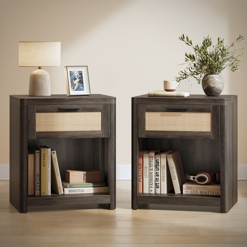 VASAGLE Ellan Boho Nightstand with Drawer and Open Shelf – Taupe Brown