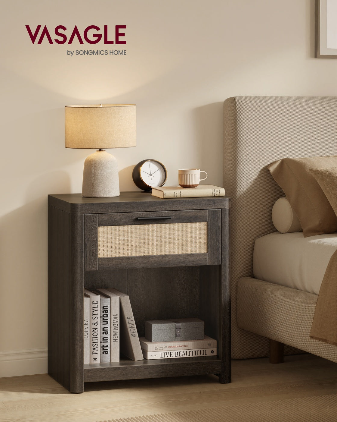 VASAGLE Ellan Boho Nightstand with Drawer and Open Shelf – Taupe Brown