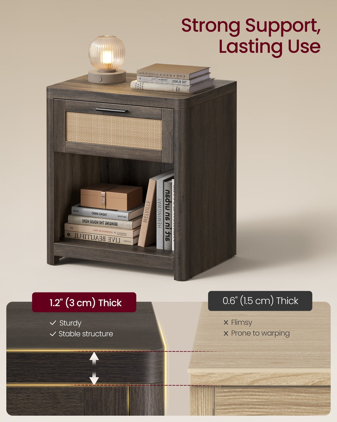 VASAGLE Ellan Boho Nightstand with Drawer and Open Shelf – Taupe Brown