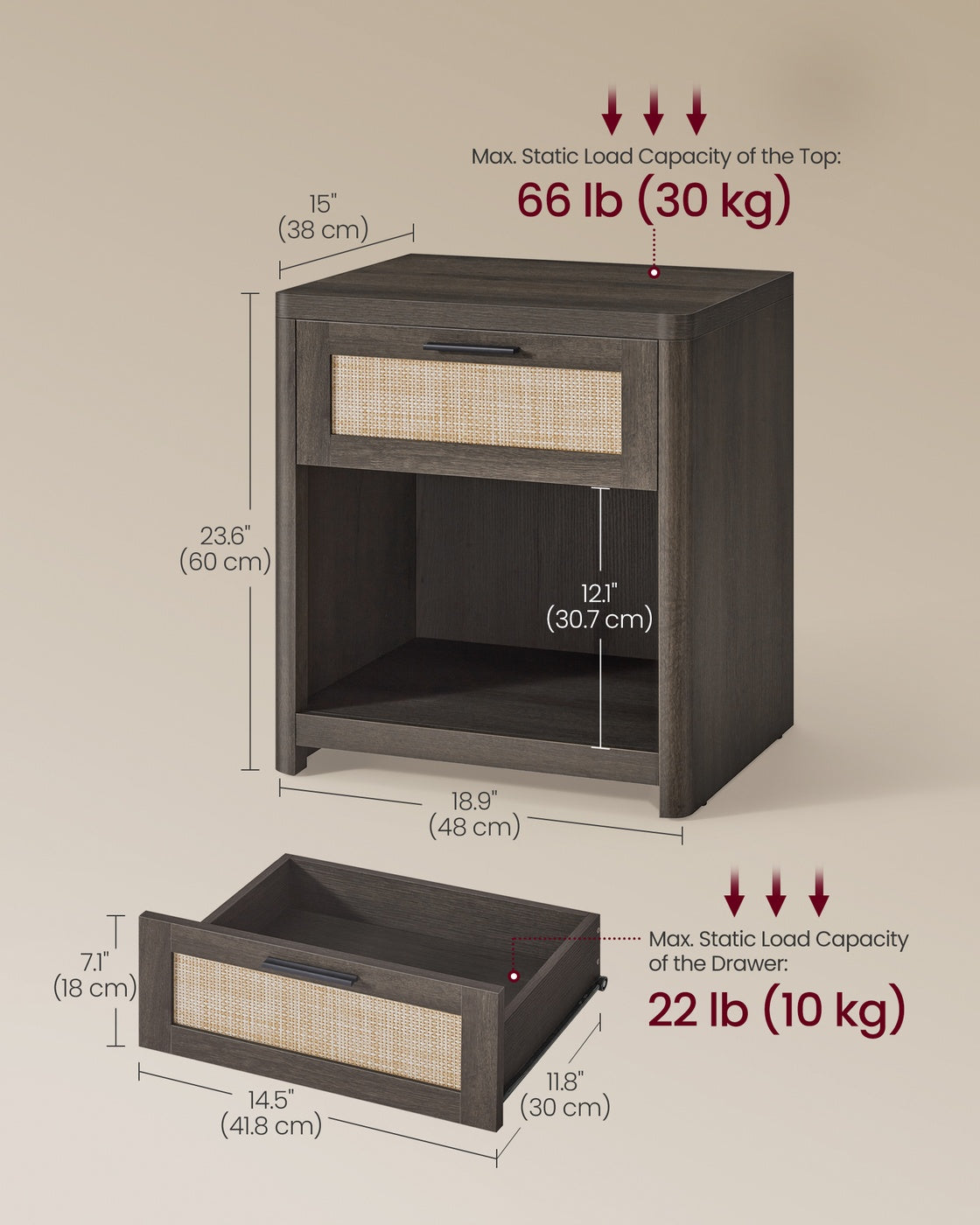 VASAGLE Ellan Boho Nightstand with Drawer and Open Shelf – Taupe Brown