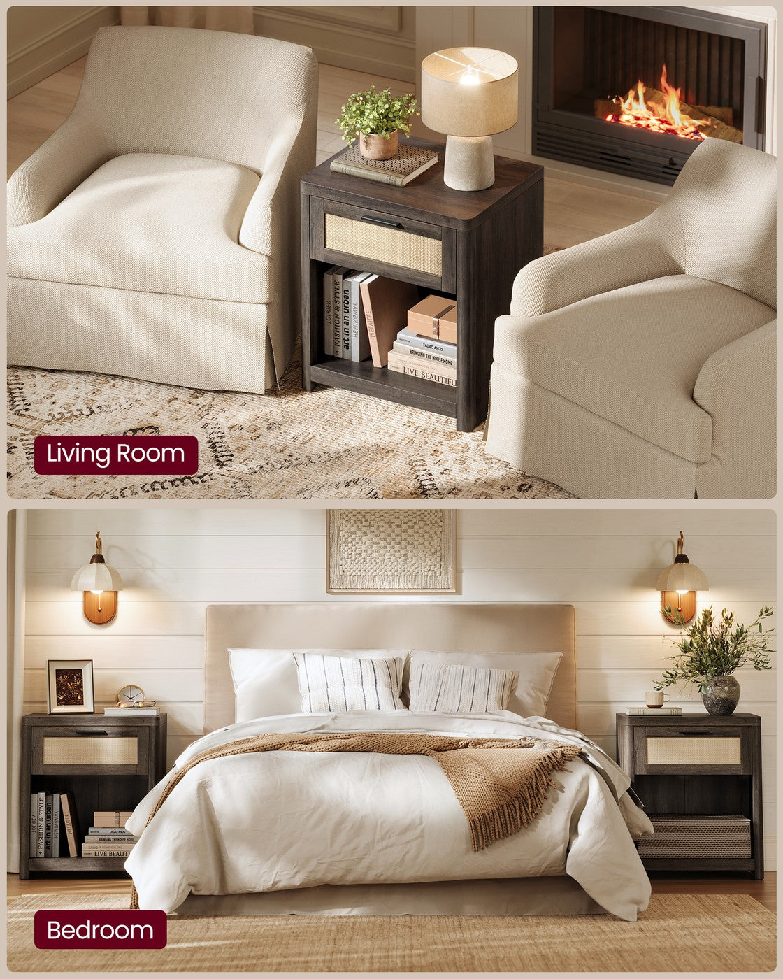 VASAGLE Ellan Boho Nightstand with Drawer and Open Shelf – Taupe Brown