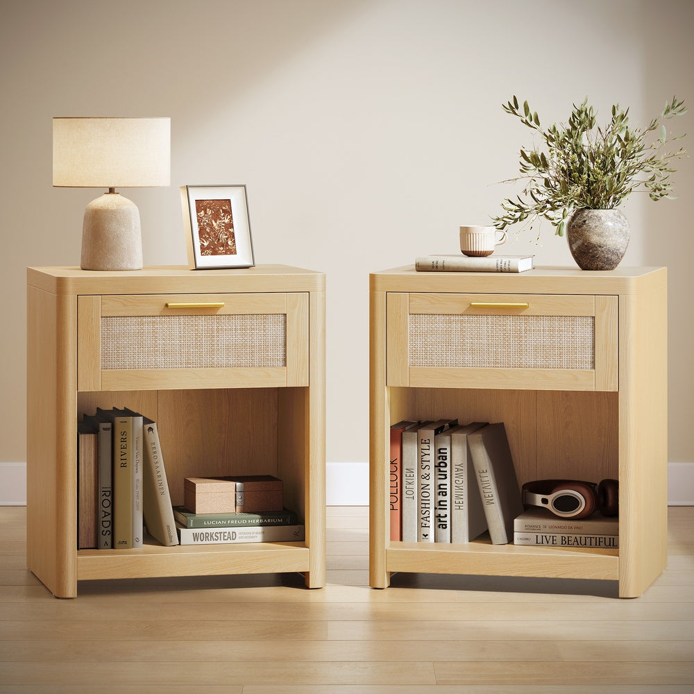 VASAGLE Ellan Boho Nightstand with Drawer and Open Shelf – Oak Beige