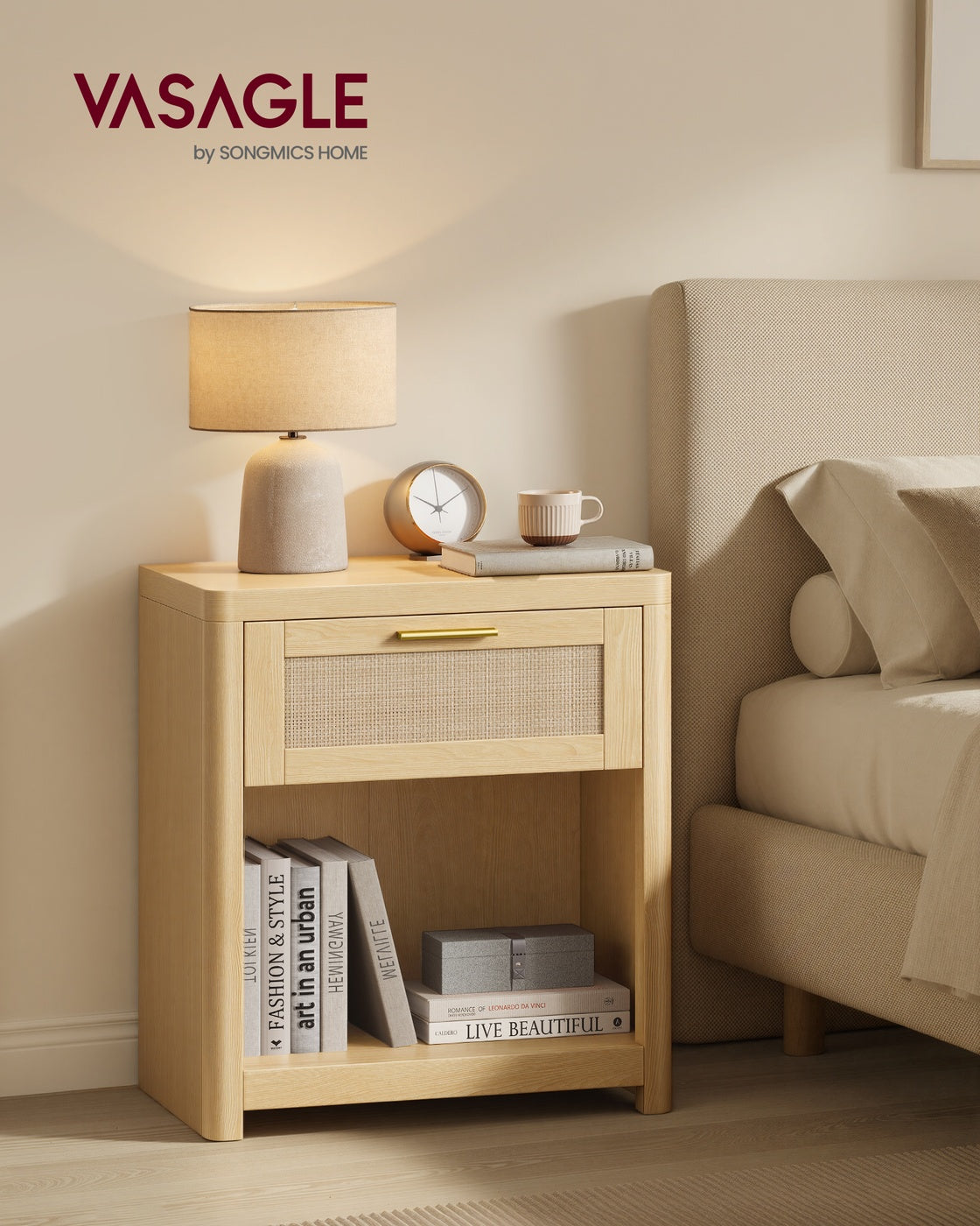 VASAGLE Ellan Boho Nightstand with Drawer and Open Shelf – Oak Beige
