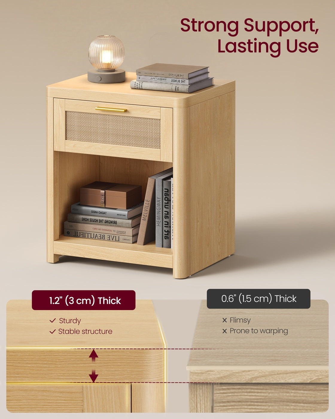VASAGLE Ellan Boho Nightstand with Drawer and Open Shelf – Oak Beige
