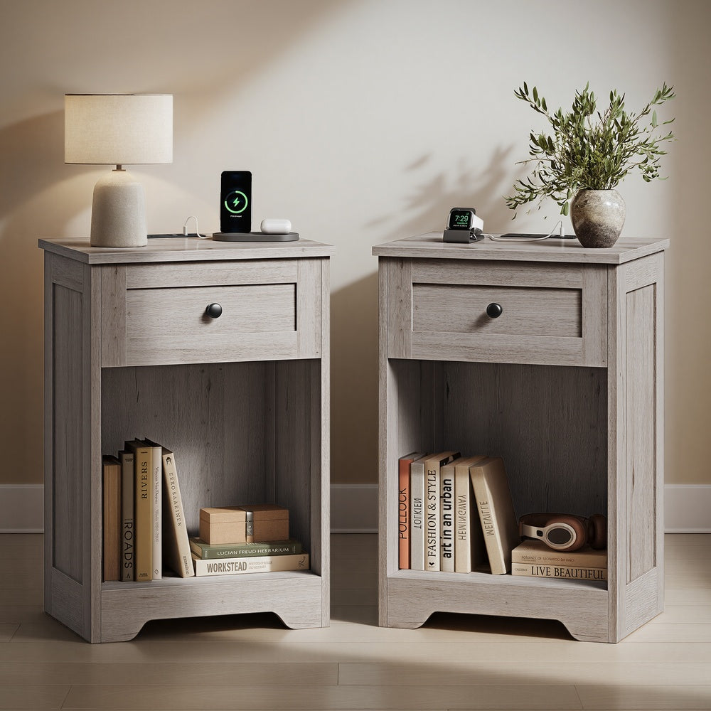 VASAGLE Farmhouse Nightstand with Charging Station and Drawer – Washed Gray