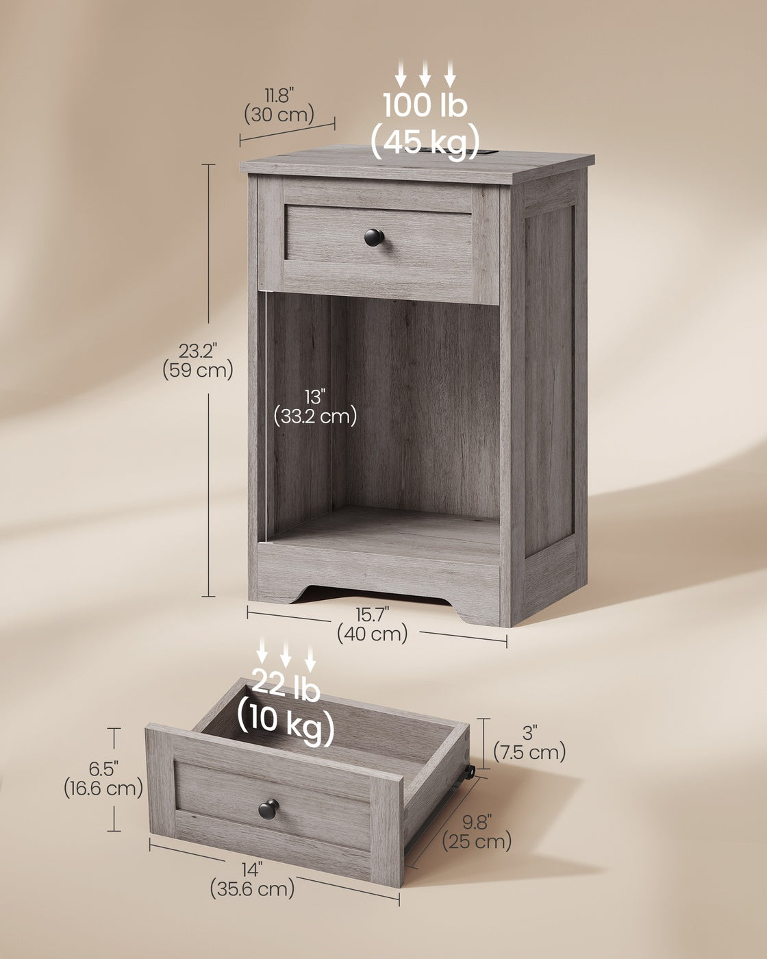 VASAGLE Farmhouse Nightstand with Charging Station and Drawer – Washed Gray