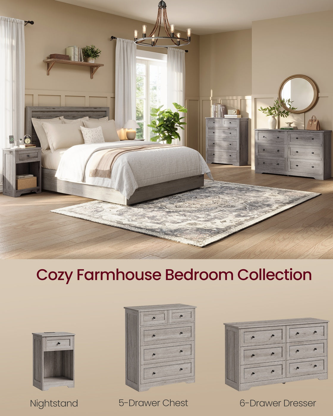 VASAGLE Farmhouse Nightstand with Charging Station and Drawer – Washed Gray