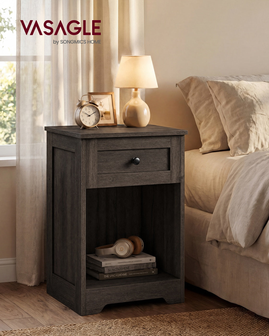 VASAGLE Farmhouse Nightstand with Charging Station and Drawer – Taupe