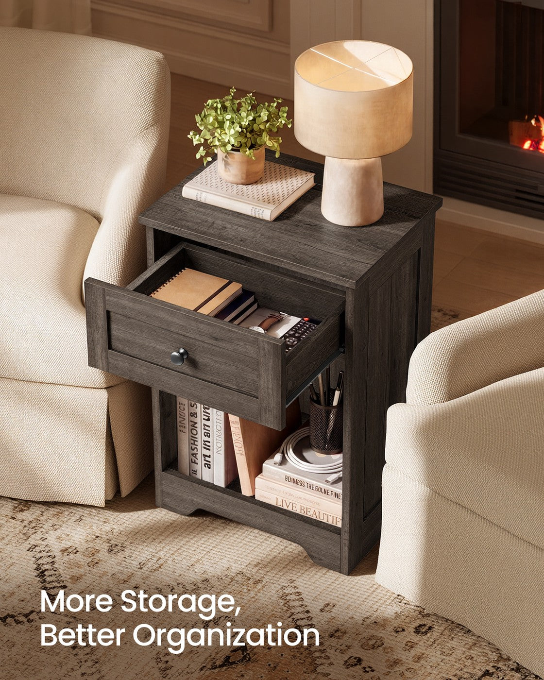 VASAGLE Farmhouse Nightstand with Charging Station and Drawer – Taupe