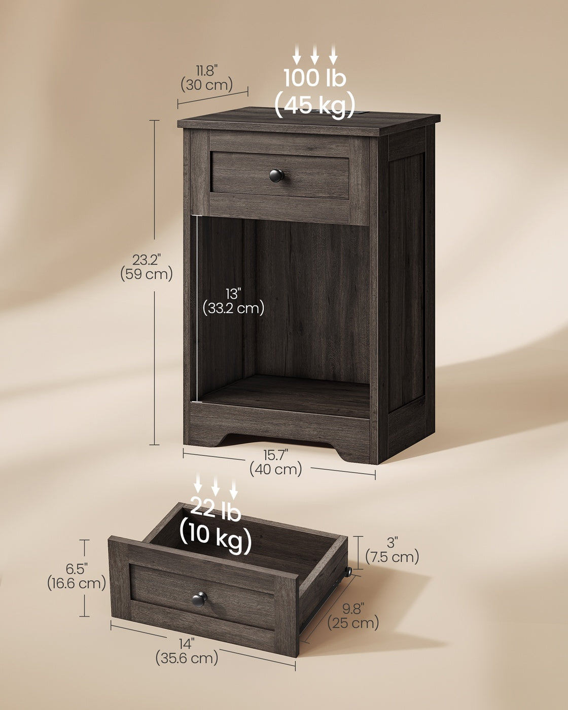VASAGLE Farmhouse Nightstand with Charging Station and Drawer – Taupe