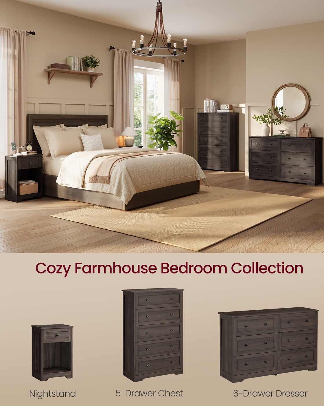 VASAGLE Farmhouse Nightstand with Charging Station and Drawer – Taupe