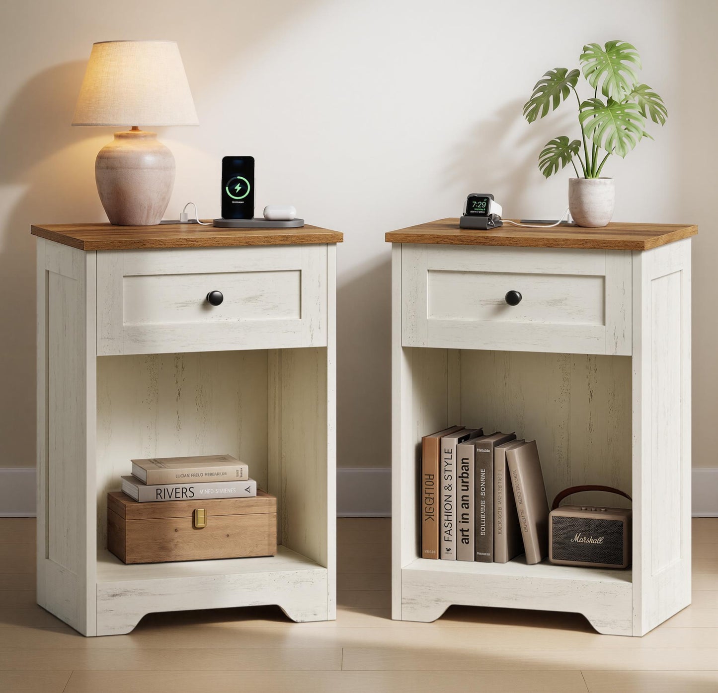 VASAGLE Traditional Basic Nightstand with Charging Station – Cloud White and Warm Brown