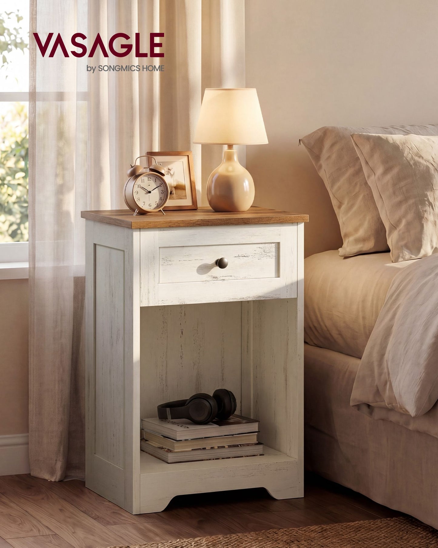 VASAGLE Traditional Basic Nightstand with Charging Station – Cloud White and Warm Brown