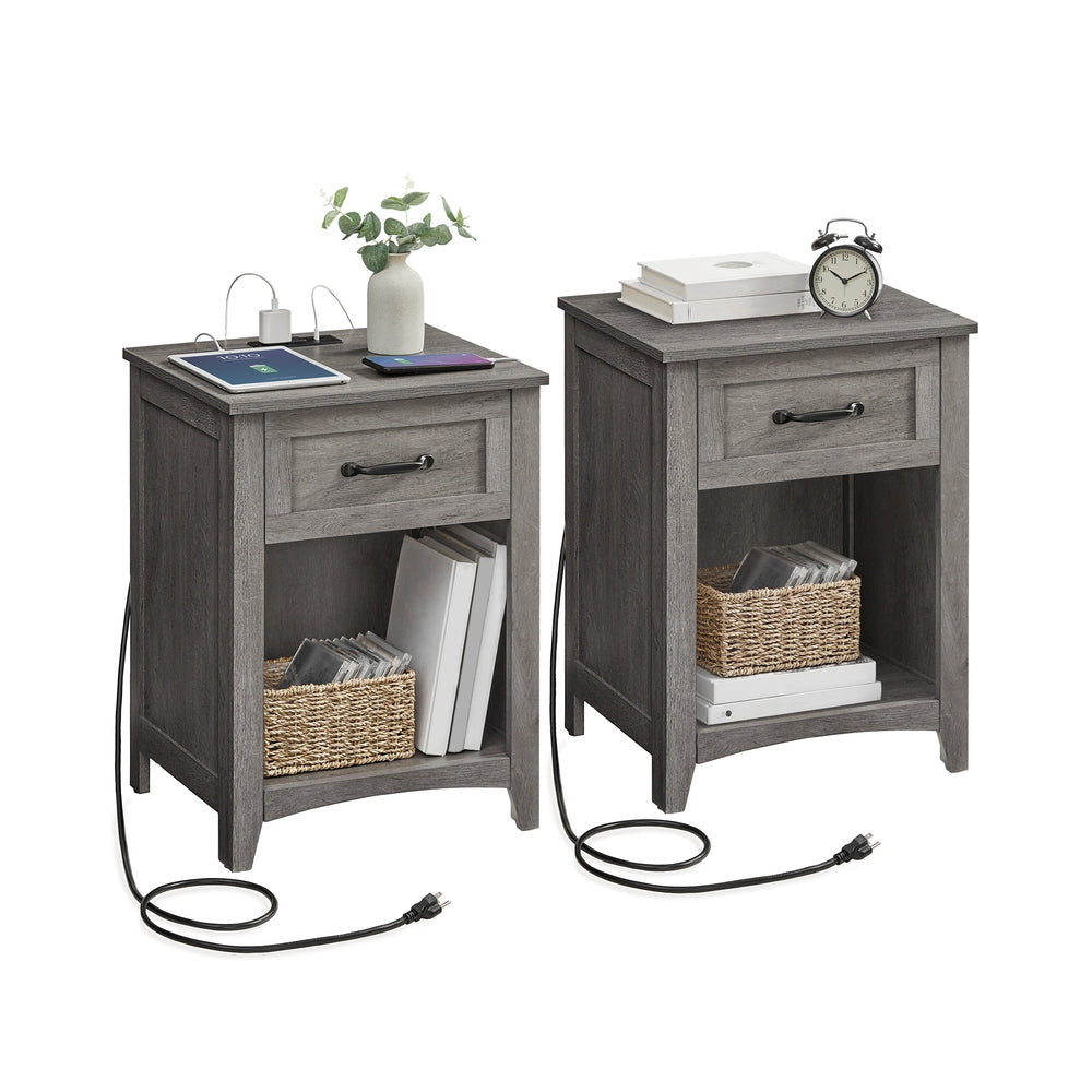 VASAGLE Farmhouse Nightstands with Charging Station, Set of 2 – Misty Gray
