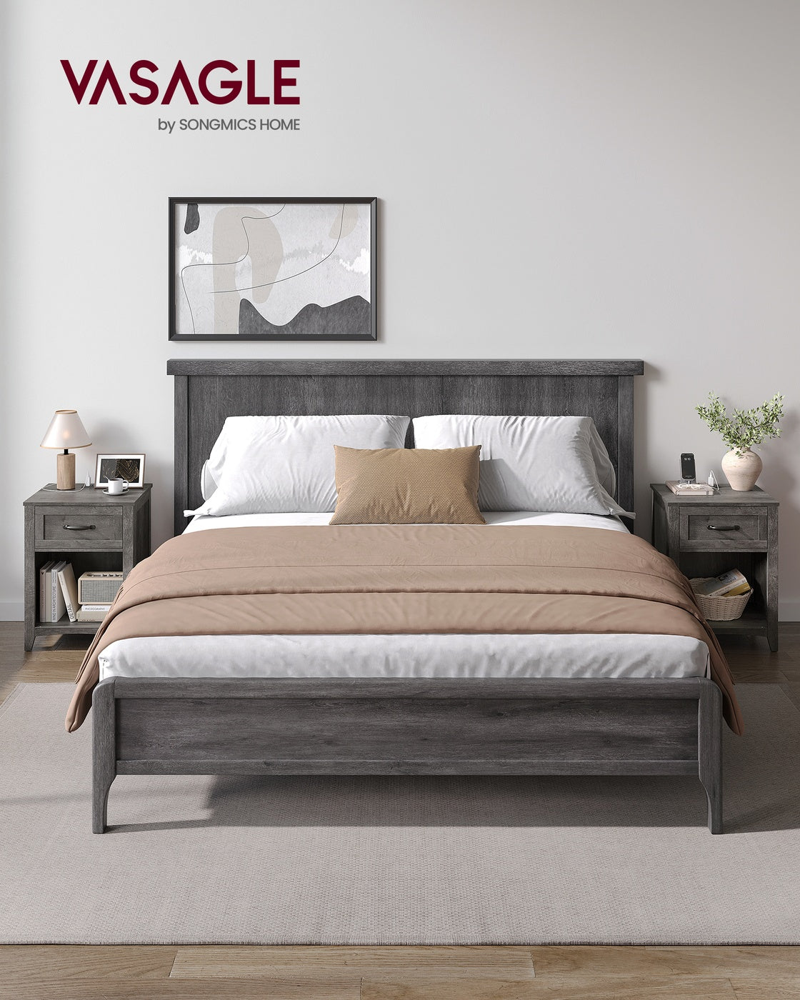 VASAGLE Farmhouse Nightstands with Charging Station, Set of 2 – Misty Gray