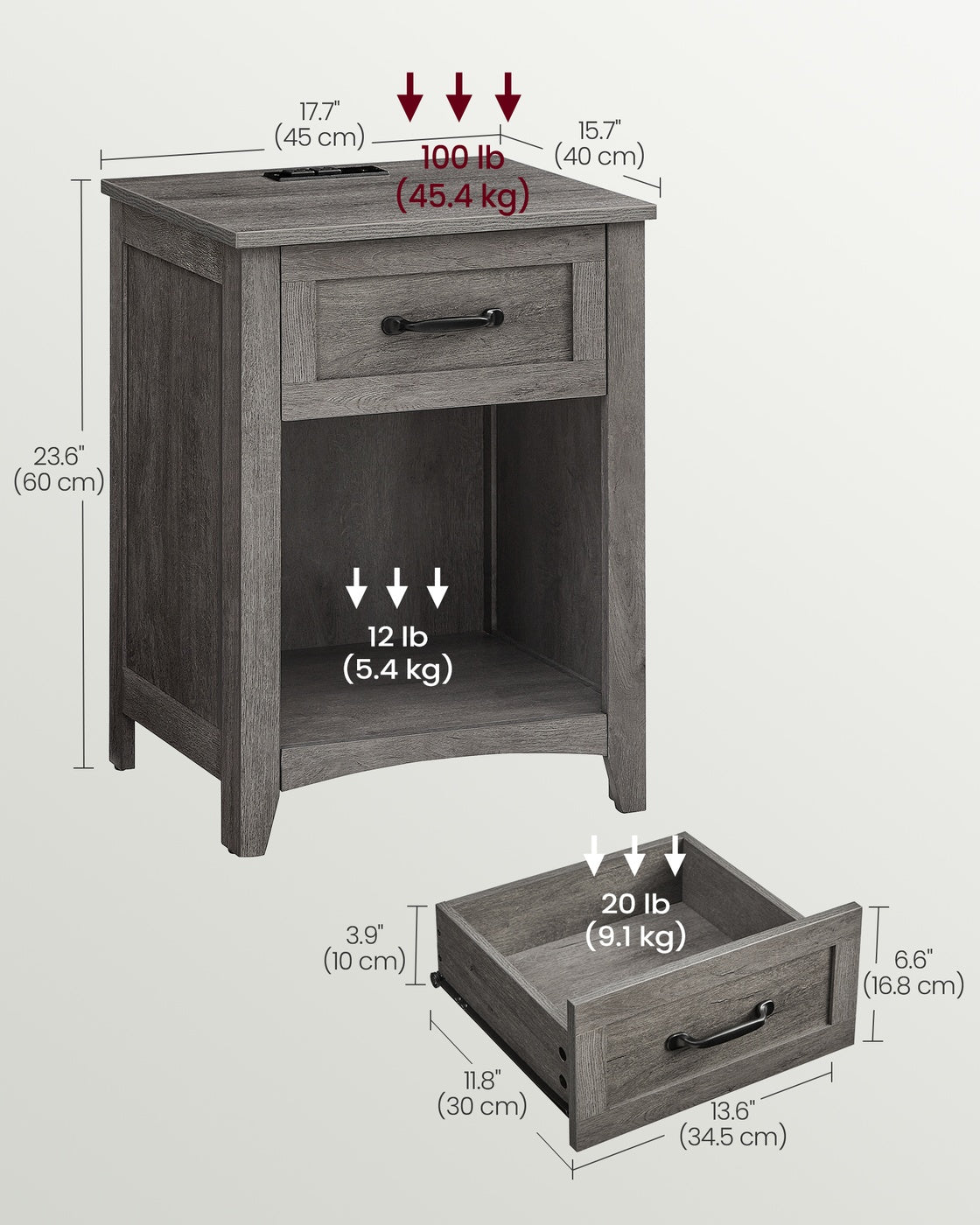 VASAGLE Farmhouse Nightstands with Charging Station, Set of 2 – Misty Gray