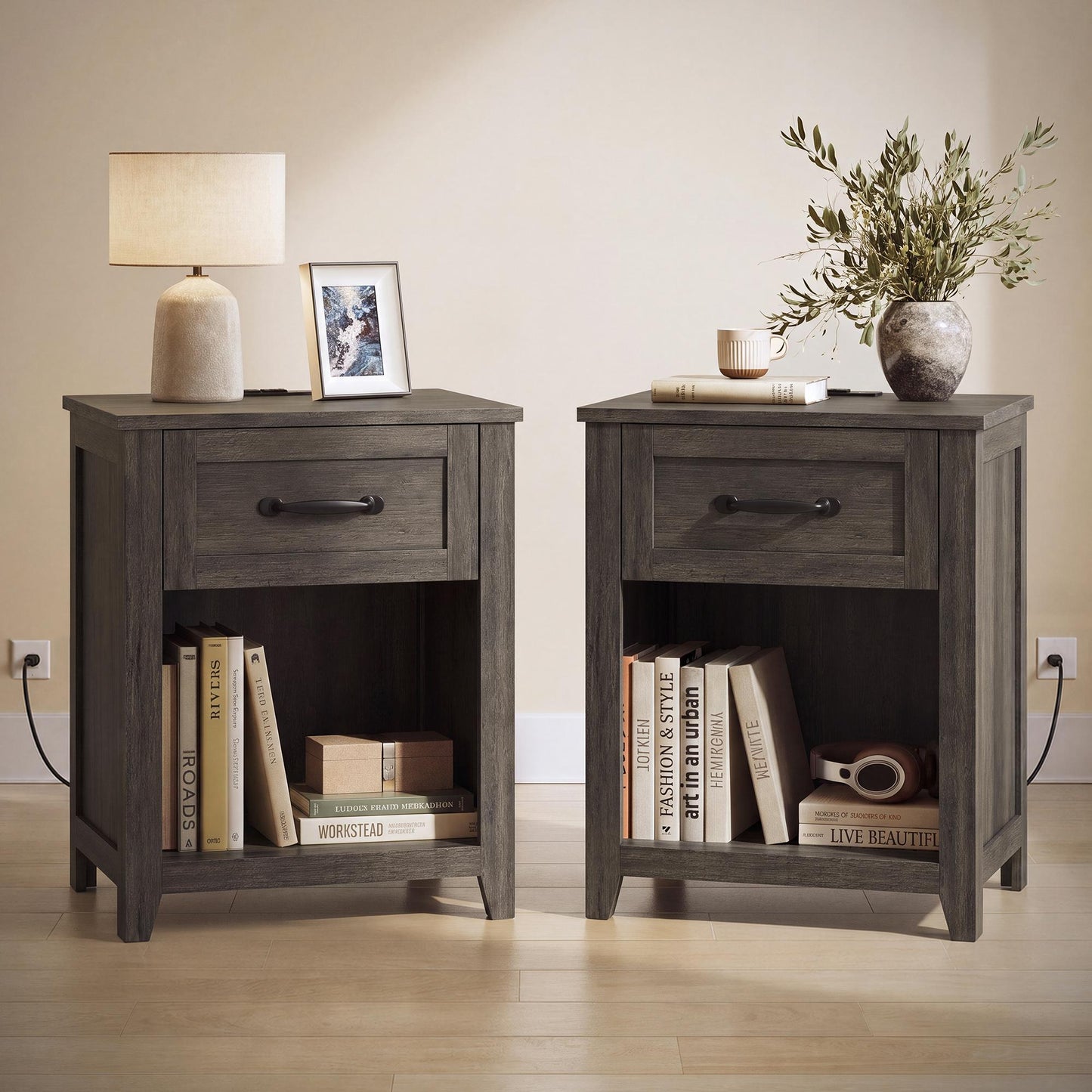 VASAGLE Farmhouse Nightstand with Charging Station, Drawer, Set of 2 Bedside Table – Taupe