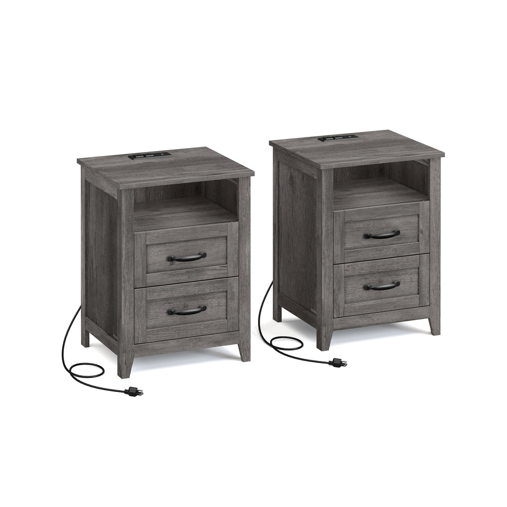 VASAGLE Liry Farmhouse Nightstand with Charging Station – Misty Gray