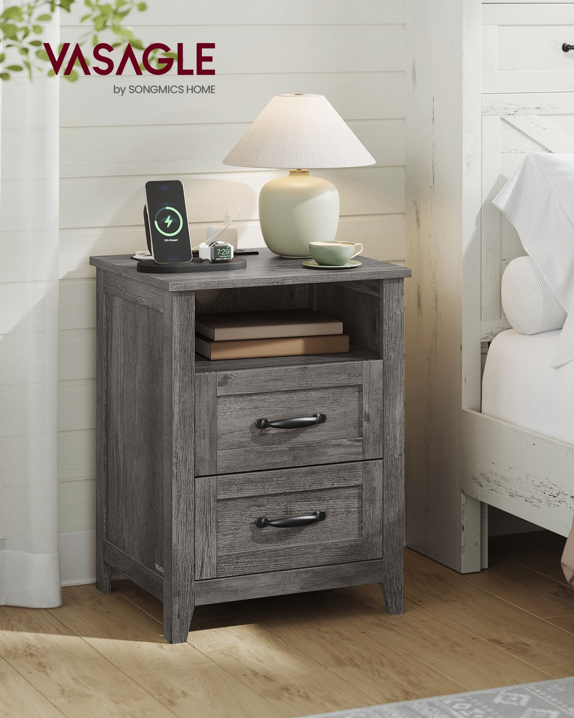 VASAGLE Liry Farmhouse Nightstand with Charging Station – Misty Gray