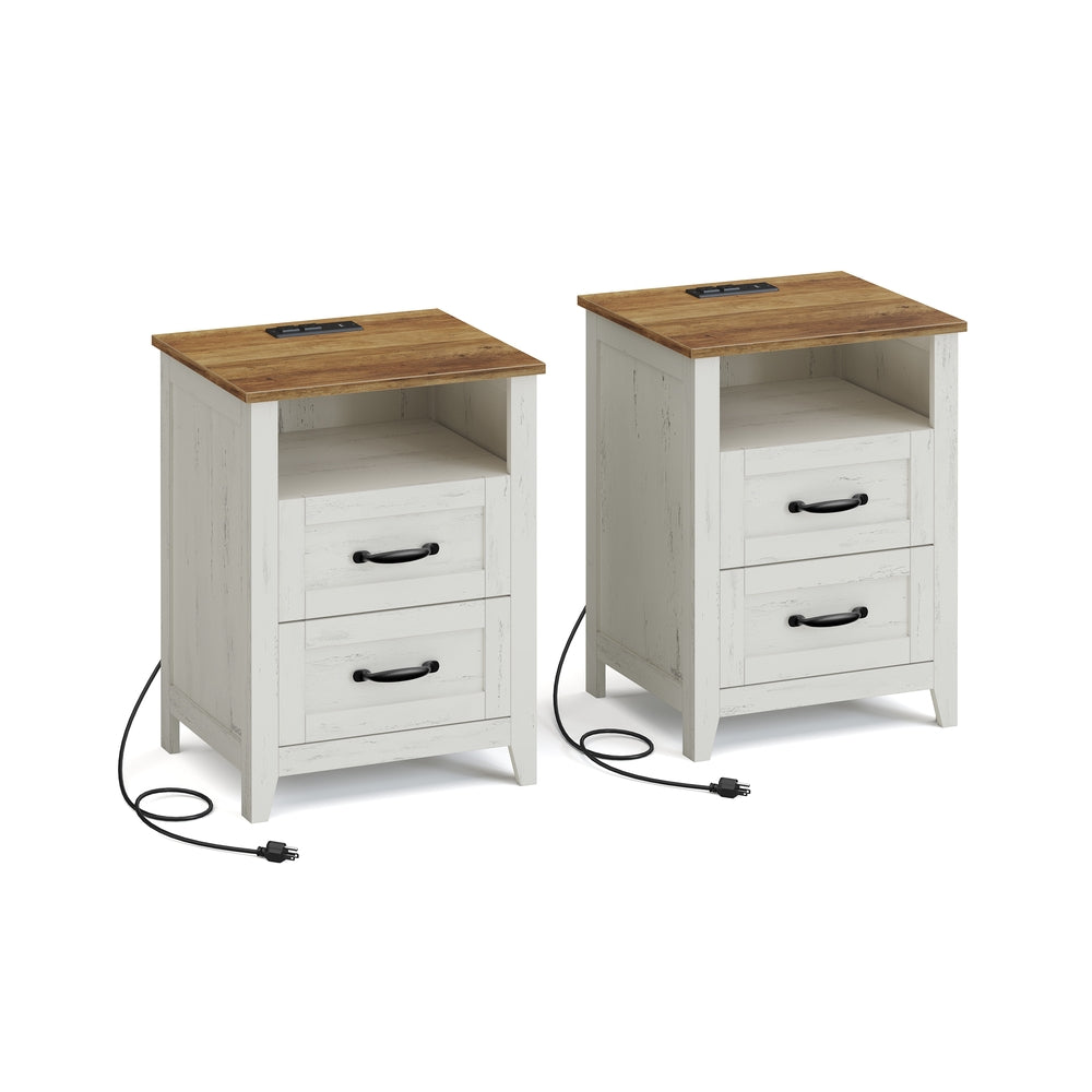 VASAGLE Liry Farmhouse Nightstand with Charging Station – Rustic White, Honey Brown