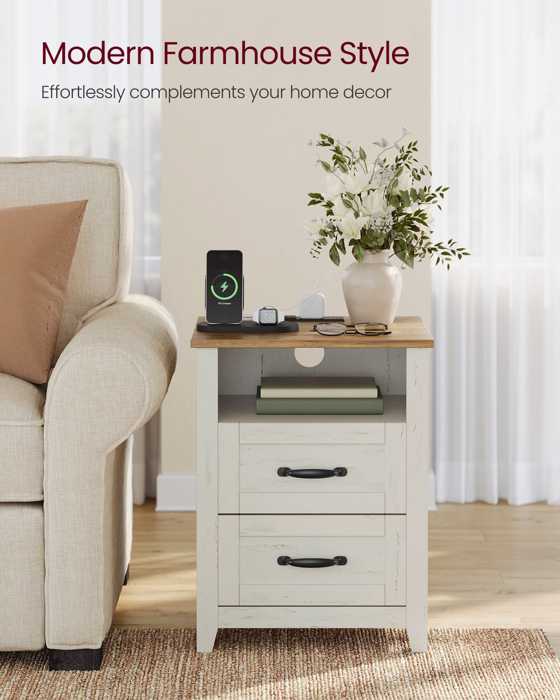 VASAGLE Liry Farmhouse Nightstand with Charging Station – Rustic White, Honey Brown
