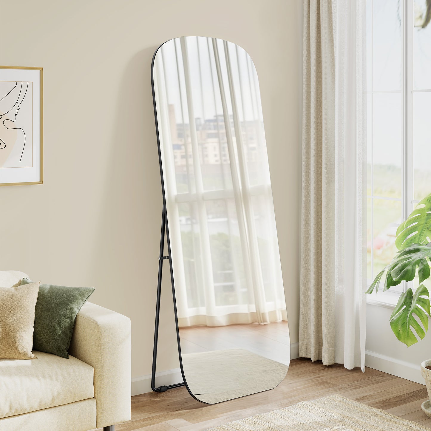 SONGMICS Full Length Mirror, 160 X 50 Cm, Rounded Rectangle Full Body Floor Mirror with Stand – Ink Black