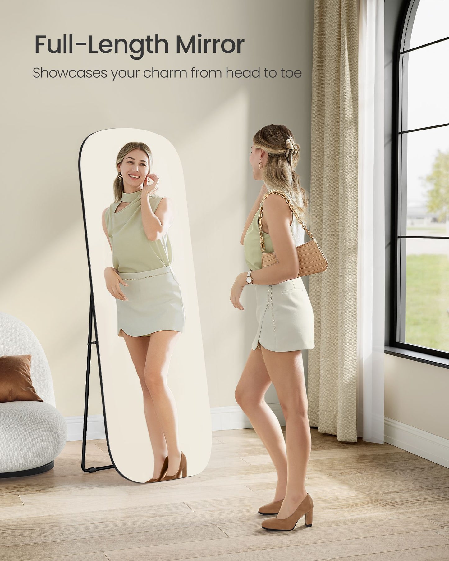 SONGMICS Full Length Mirror, 160 X 50 Cm, Rounded Rectangle Full Body Floor Mirror with Stand – Ink Black