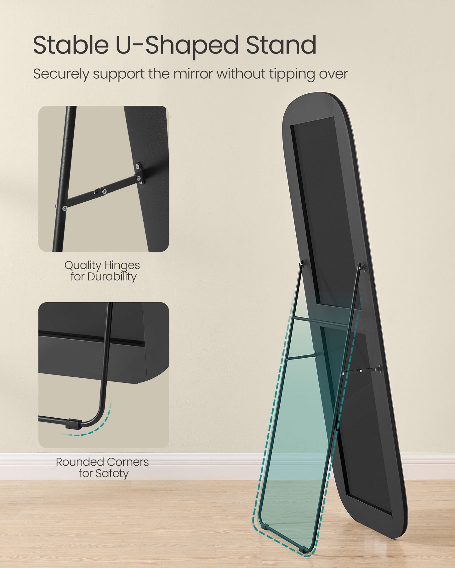 SONGMICS Full Length Mirror, 160 X 50 Cm, Rounded Rectangle Full Body Floor Mirror with Stand – Ink Black