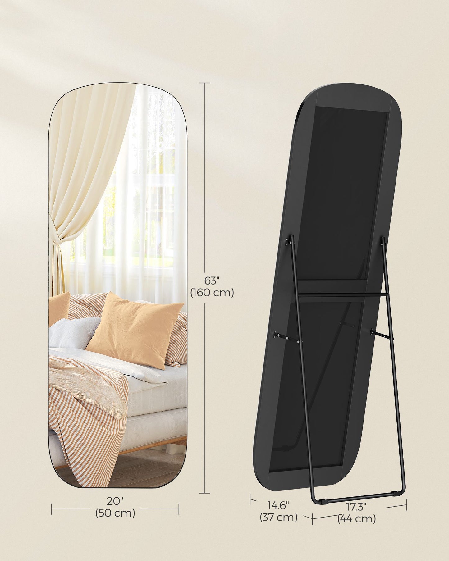 SONGMICS Full Length Mirror, 160 X 50 Cm, Rounded Rectangle Full Body Floor Mirror with Stand – Ink Black