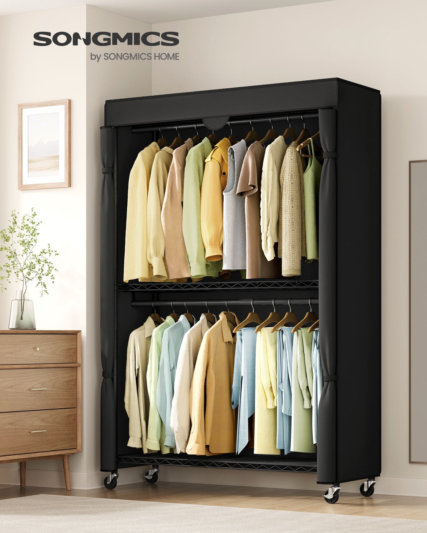 SONGMICS Heavy-Duty Rolling Clothes Rack – Ink Black – 43.3"L x 15.8"W x 78.3"H | ULGR415B01