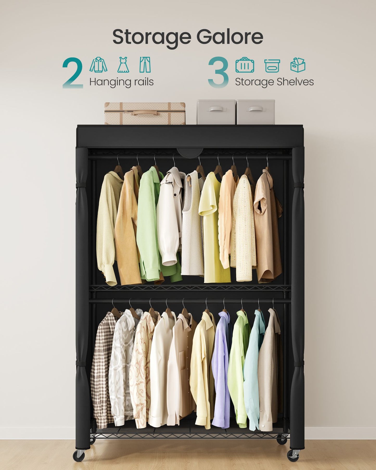 SONGMICS Heavy-Duty Rolling Clothes Rack – Ink Black – 43.3"L x 15.8"W x 78.3"H | ULGR415B01