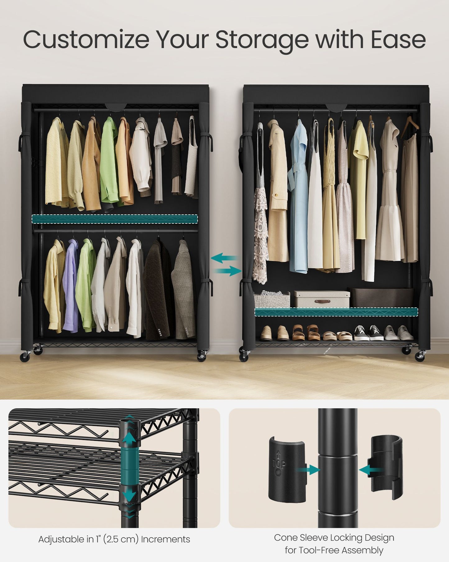 SONGMICS Heavy-Duty Rolling Clothes Rack – Ink Black – 43.3"L x 15.8"W x 78.3"H | ULGR415B01
