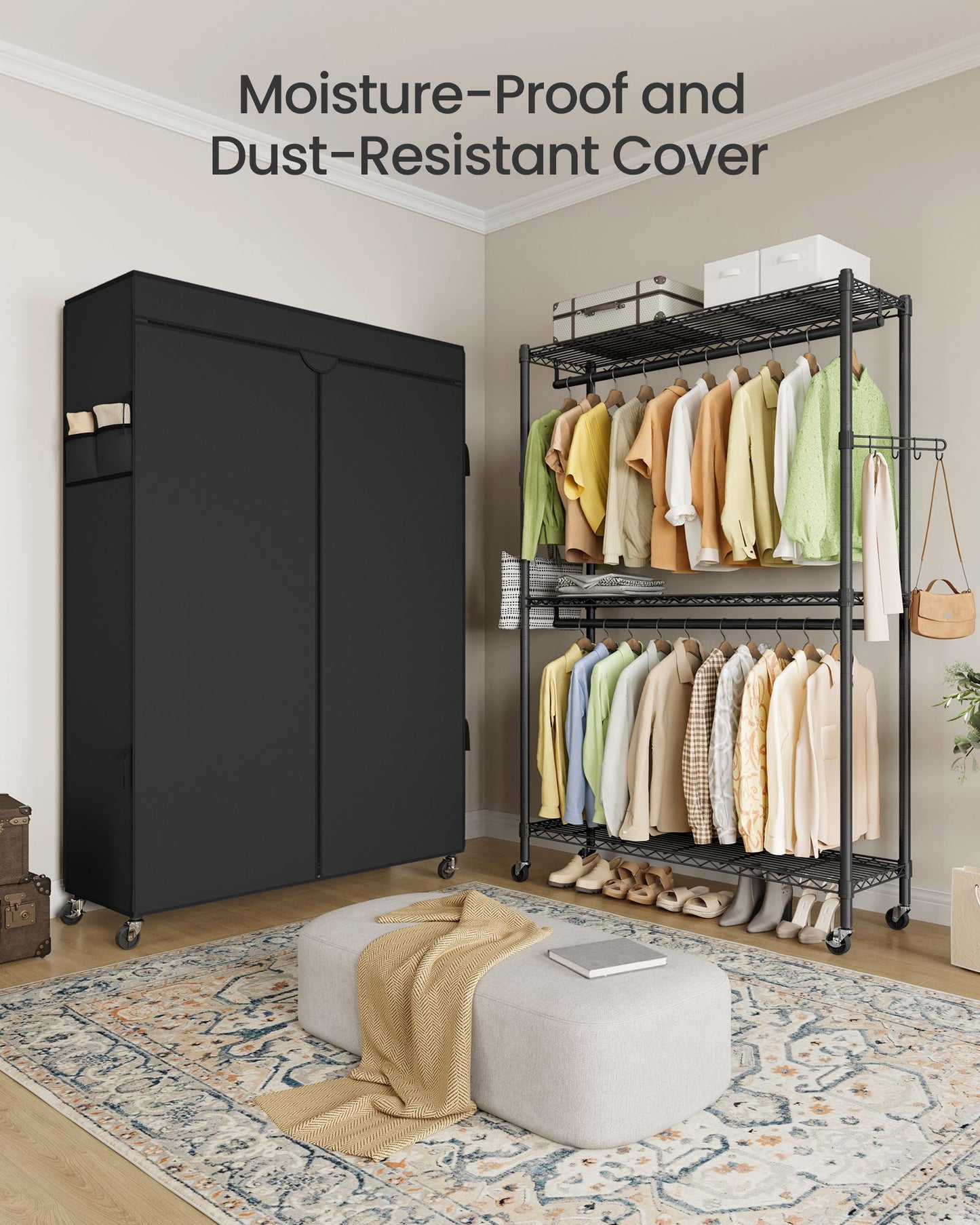SONGMICS Heavy-Duty Rolling Clothes Rack – Ink Black – 43.3"L x 15.8"W x 78.3"H | ULGR415B01