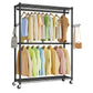 SONGMICS Ink Black Steel Clothes Rack with Hanging Rails and Wheels