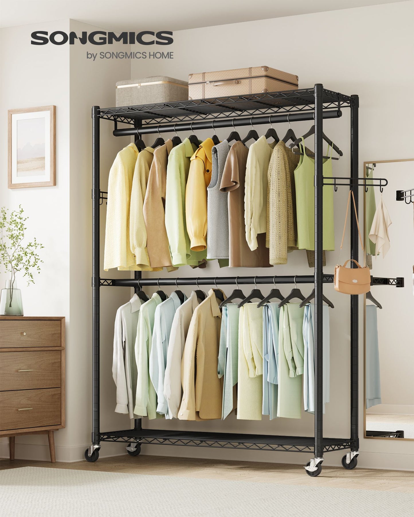 SONGMICS Ink Black Steel Clothes Rack with Hanging Rails and Wheels