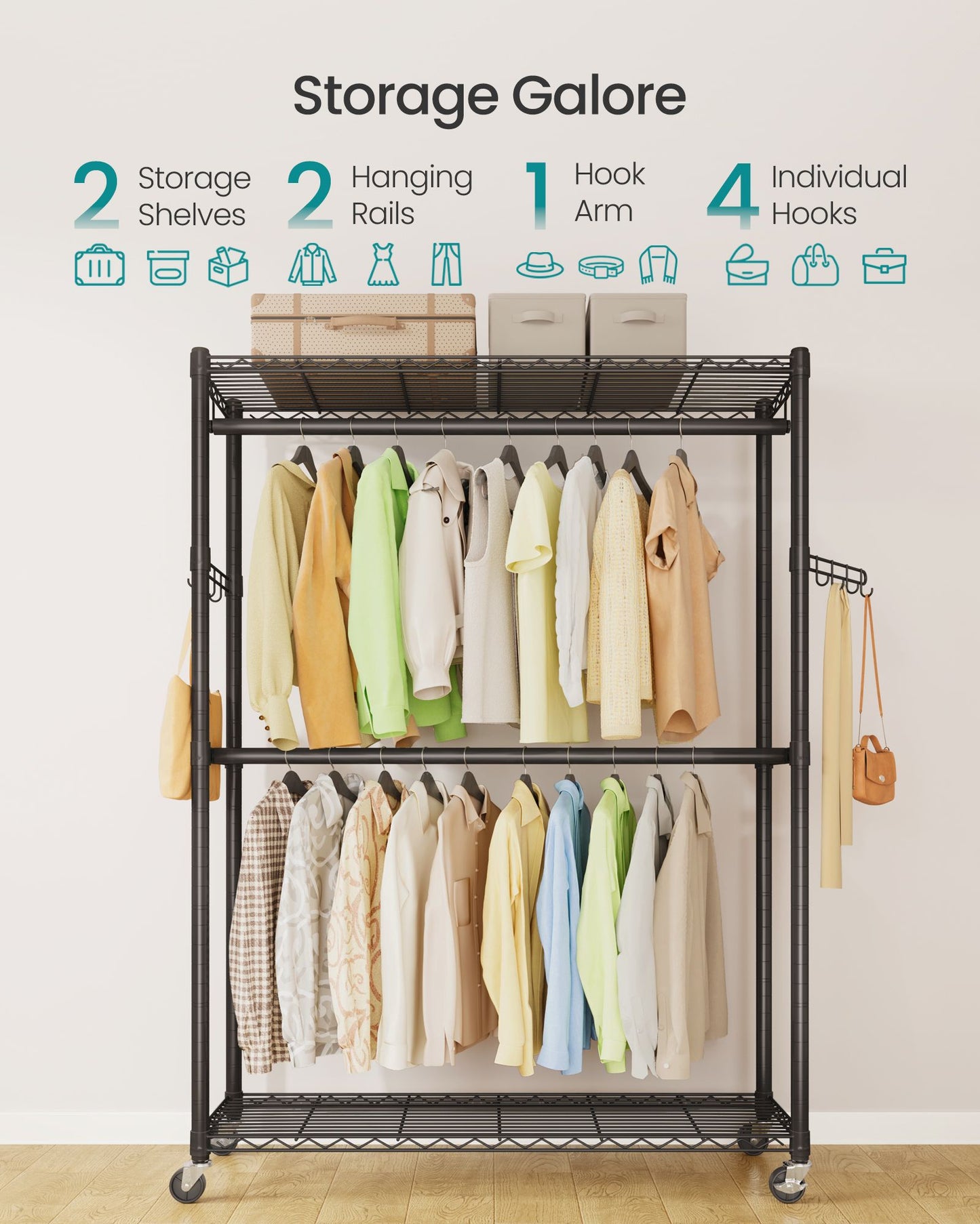 SONGMICS Ink Black Steel Clothes Rack with Hanging Rails and Wheels