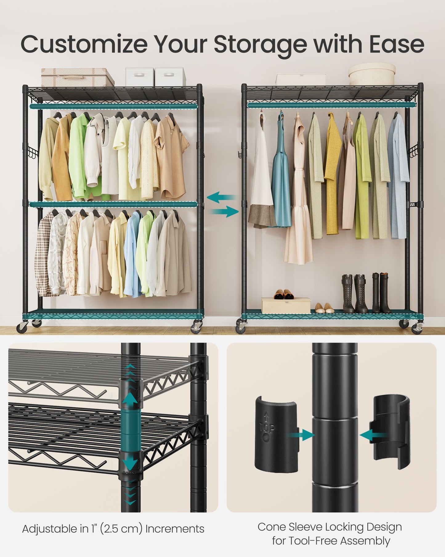 SONGMICS Ink Black Steel Clothes Rack with Hanging Rails and Wheels