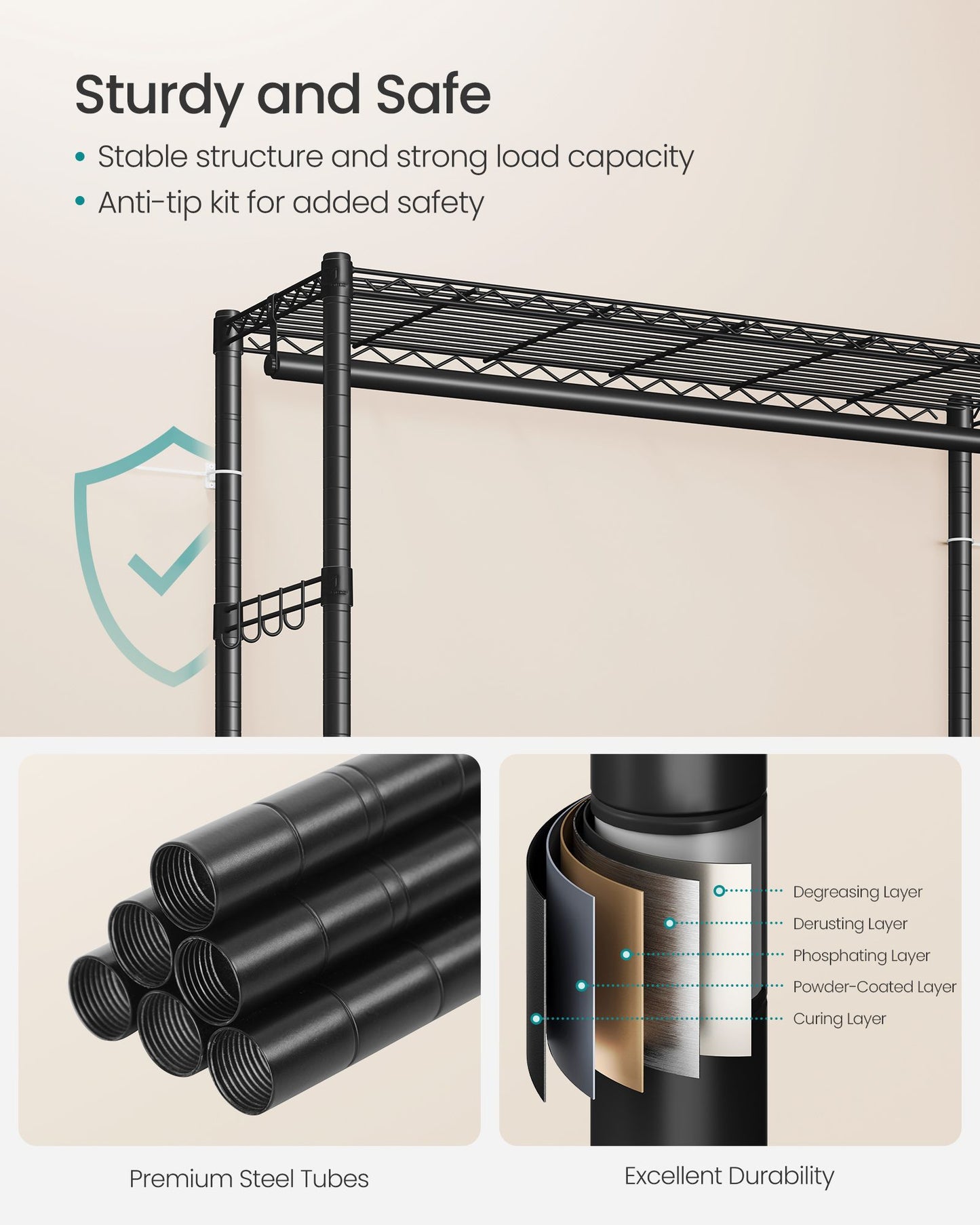 SONGMICS Ink Black Steel Clothes Rack with Hanging Rails and Wheels
