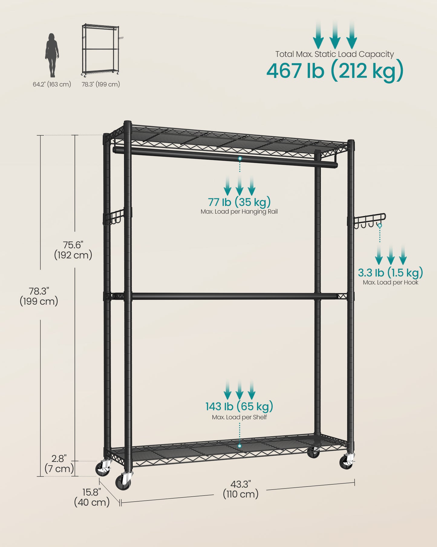 SONGMICS Ink Black Steel Clothes Rack with Hanging Rails and Wheels