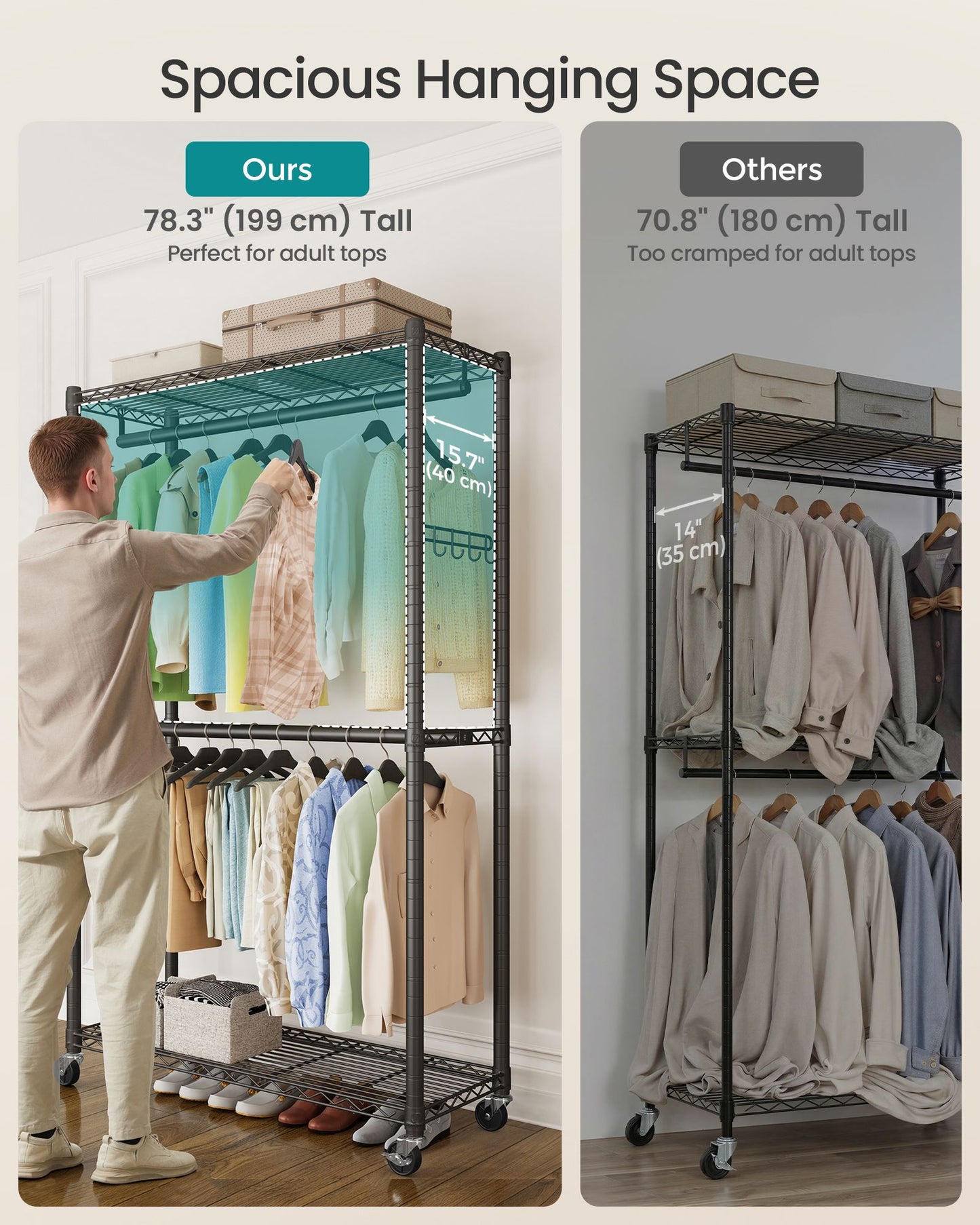 SONGMICS Ink Black Steel Clothes Rack with Hanging Rails and Wheels