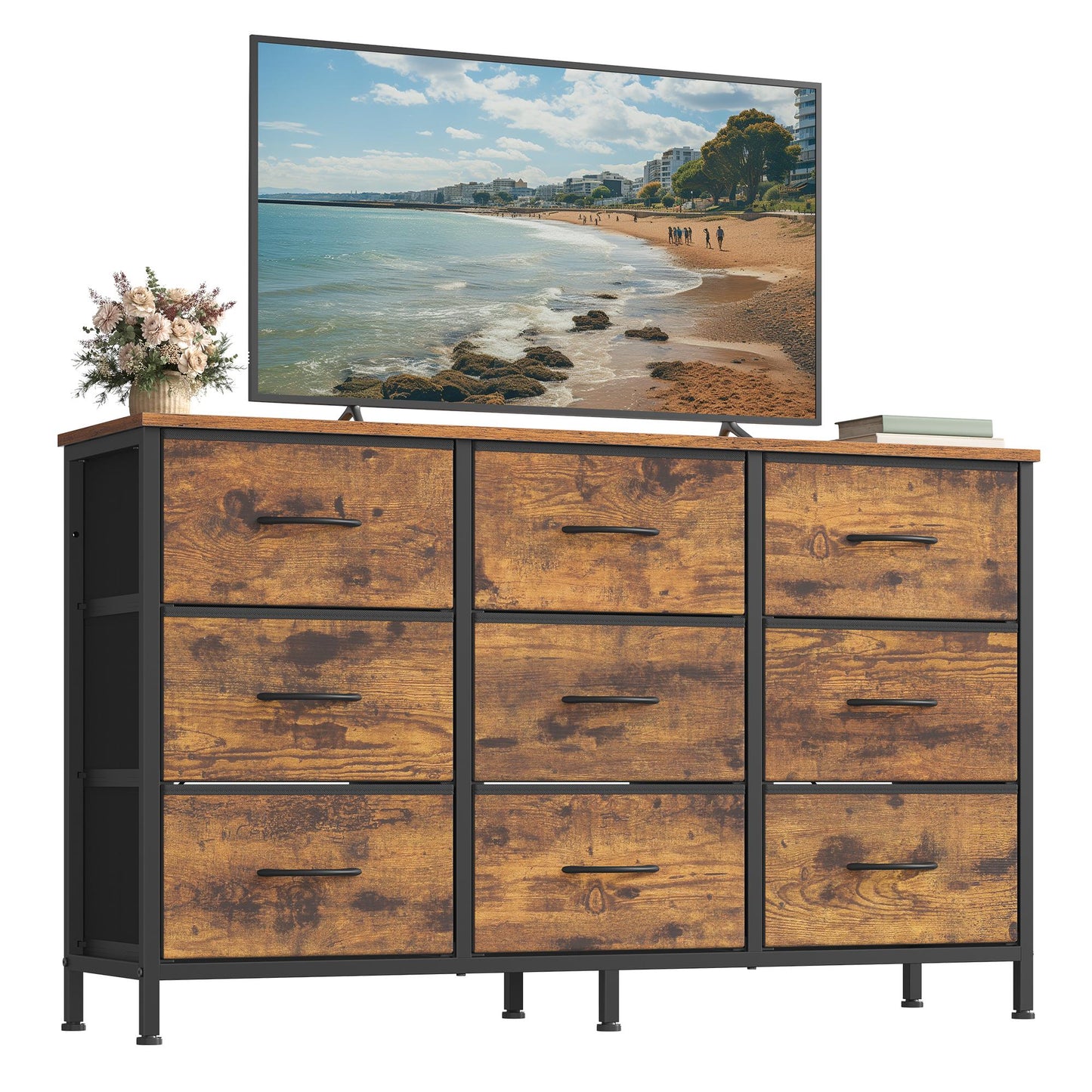 SONGMICS Dresser with 9 Fabric Drawers, TV Stand for Tvs Up to 55 Inches – Rustic Brown, Ink Black