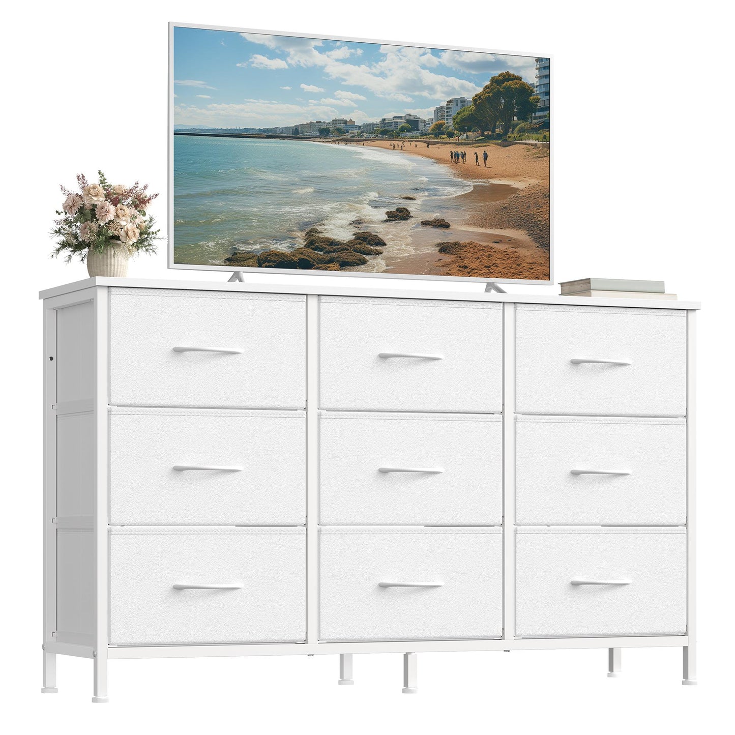 SONGMICS Dresser with 9 Fabric Drawers, TV Stand for Tvs Up to 55 Inches – Cloud White